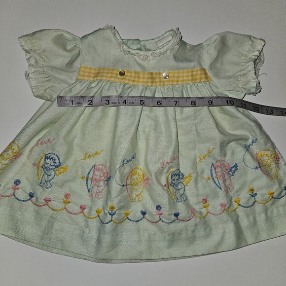 VTG Pale Green Dress Baby Girl 6 Months Embroidered Angels Cupid Valentine's Day - Picture 5 of 11